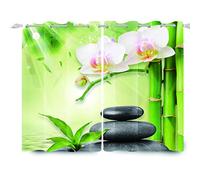 SDOTPMT 117x229cm Spa Rideau à Oeillets Bambou Feuille Orchidée Fleur Basalte Pierres Rideaux de fenêtre Eau Zen Spa Méditation Thème pour Chambre Isolation Thermique Rideau occultant, 2 Panneaux