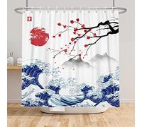 SDOTPMT 120x180cm Rideau de Douche Mont Fuji Japon Sakura Sunset Asie Rideau de Douche à l'encre Paysage ondulé Peinture Baignoire Rideau Salle de Bain Décoration Tissu Crochet imperméable