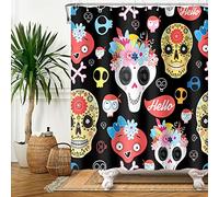SDOTPMT 122x183cm Gothique Sucre Crâne Rideau de Douche Drôle Dessin animé Squelette Fleur Rideau de Bain Jour des Morts Mexique Noire Rideau de Baignoire Étanche pour Salle de Bain avec Crochets