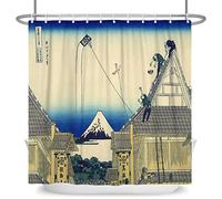 SDOTPMT 122x183cm Japonais Peinture à l'Huile Rideau de Douche Kanagawa Cerf-Volant en Volant Ukiyo-e Cottage Mont Fuji Japon Art pour Salle de Bains Polyester avec Crochets