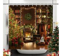 SDOTPMT 122x183cm Joyeux noël Rideau de Douche Sapin de Noël Cheminée Cadeau Rideau de Bain Livre Étagère l'hiver Vacance Pin Feuille Rideau de Baignoire pour Salle Bains Polyester avec Crochets