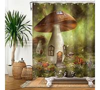 SDOTPMT 122x183cm Magie Champignon Maison Rideau de Douche Fée Forêt Fantaisie Vert Gazon Rideau de Bain Coloré Printemps Fleurs Rideau Baignoire Polyester pour Enfant Salle de Bain avec Crochets