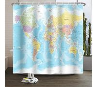 SDOTPMT 122x183cm Monde Carte Rideau de Douche des Pays et Villes Géographie Éducatif Rideau de Bain Bleu Océan Continents Rideau de Baignoire Tissu Étanche pour Salle de Bain avec Crochets