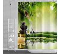 SDOTPMT 122x183cm Spa Bambou Rideau de Douche Vert Feuilles Bougies Eau Thérapie Floral Rideau de Bain Zen Méditation Basalte Pierres Rideau de Baignoire pour Salle Bains Polyester avec Crochets