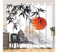 SDOTPMT 132x214cm Japonais Classique Encrer Peinture Rideau de Fenêtre Mont Fuji Soleil Bambou Feuilles Oriental Opaque pour Salon Chambre, 2 Panneaux