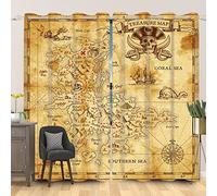 SDOTPMT 132x214cm Trésor Carte Rideau de fenêtre Ancien Nautique Carte Historique Géographie Rustique Rideaux de fenêtre Île Carte Rideaux Opaques pour Salon Chambre Rideaux occultants, 2 Panneaux