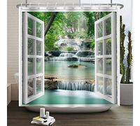 SDOTPMT 140x180cm Douche Vue la fenêtre Chute d'eau printanière Arbres Paysage Naturel Paysage Sauvage Rideau de Bain fenêtre Blanche Image Moderne Tissu imperméable pour Salle de Bain avec Crochets