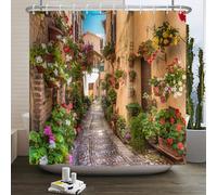 SDOTPMT 140x180cm Rideau de Douche Paysage Urbain européen Stonewall Maison Flowerpot Rideau de Douche Italie Méditerranée Rue Rideau de Douche Femmes Salle de Bain Décoration Crochet