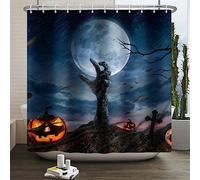 SDOTPMT 140x180cm Rideau Douche Halloween Thème Horreur Hanté Mains Pumpkin Lumière Nuit Étrange Lune Baignoire Crochet pour la Décoration Salle de Bains