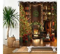 SDOTPMT 140x183cm Joyeux noël Rideau de Douche Sapin de Noël Cheminée Cadeau Rideau de Bain Livre Étagère l'hiver Vacance Pin Feuille Rideau de Baignoire pour Salle Bains Polyester avec Crochets