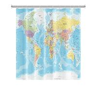 SDOTPMT 140x183cm Monde Carte Rideau de Douche des Pays et Villes Géographie Éducatif Rideau de Bain Bleu Océan Continents Rideau de Baignoire Tissu Étanche pour Salle de Bain avec Crochets