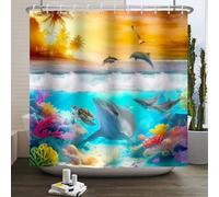 SDOTPMT 140x183cm Océan Rideau de Douche Requin Tortue de mer Baleine Mouette crépuscule Palmier Soleil dans l'océan Baignoire Rideau de Douche Salle de Bains Tissu décoratif avec Crochet