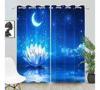 SDOTPMT 140x229cm Magie Lotus Rideau de fenêtre Nuit Étoilé Ciel Croissant Lune Rideaux de fenêtre Floral Spa Zen Art Rideaux Opaques pour Salon Chambre Rideaux occultants, 2 Panneaux