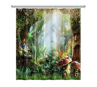 SDOTPMT 152x183cm Conte de Fée Champignon Rideau de Douche - Magie Fantaisie Forêt Jungle Arbre Bain Vert Gazon Feuille Floral pour Salle de Bains - Polyester avec Crochets