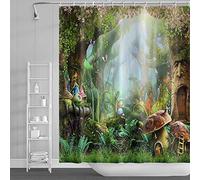 SDOTPMT 165x183cm Conte de Fée Champignon Rideau de Douche - Magie Fantaisie Forêt Jungle Arbre Bain Vert Gazon Feuille Floral pour Salle de Bains - Polyester avec Crochets