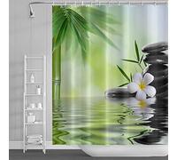 SDOTPMT 165x183cm Eau Spa Rideau de Douche Vert Bambou Feuilles Orchidée Fleur Zen Méditation Basalte Pierres Floral pour Salle de Bains Polyester avec Crochets