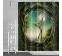 SDOTPMT 165x183cm Fantaisie Forêt Rideau de Douche Enchanté Forêt Sirène Queue Lune Nuit Étoilé Ciel Rideau de Bain Magie Vert Arbre Rideau de Baignoire pour Salle Bains Polyester avec Crochets