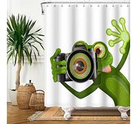 SDOTPMT 165x183cm Mignon Drôle Grenouille Rideau de Douche Photographe Grenouille Grand Regard Prise d'une Photo Animal Blanc Rideau de Baignoire pour Enfants Salle Bains Polyester avec Crochets