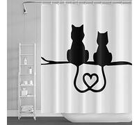 SDOTPMT 180x180cm Animal Silhouette Rideau de Douche Noire Chat Couple Mignon Dessin animé Animaux Cœur Rideau de Bain Blanc Rideau de Baignoire pour Enfants Salle Bains Polyester avec Crochets