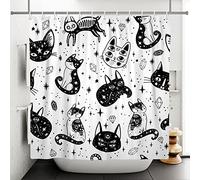 SDOTPMT 180x180cm Blanc Noire Chat Rideau de Douche Bohême Chat Résumé Étoile Diamant Gothique Mystique Rideau de Bain Blanc Rideau de Baignoire pour Enfants Salle Bains Polyester avec Crochets