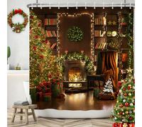 SDOTPMT 180x180cm Joyeux Noël Rideau de Douche Sapin de Noël Cheminée Cadeau Bain Livre Étagère l'Hiver Vacance Pin Feuille pour Salle Bains Polyester avec Crochets