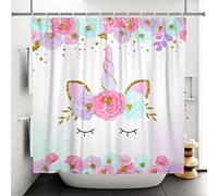 SDOTPMT 180x180cm Mignonne Licorne Rideau de Douche Dessin animé Licorne Magie Tête Doré Poudre Fleur Rideau Bain Blanc Arrière Plan Rideau de Baignoire pour Salle Bains Polyester avec Crochets
