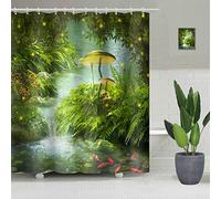 SDOTPMT 180x180cm Rideau de Douche Fée Forêt - Magie Fantaisie Champignon Vert Gazon Arbre Feuilles - Zen Rivière Baignoire Polyester pour Enfant Salle de Bain avec Crochets