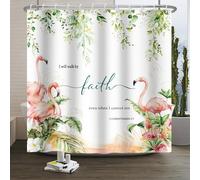 SDOTPMT 180x180cm Rose Flamingo Rideau Douche Vert Feuille d'eucalyptus Aquarelle Plante Rideau Douche Je Vais Faire Foi Citations inspirantes Rideau Douche pour Enfants décoration Salle avec Crochet