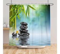 SDOTPMT 180x180cm Spa Japonais Thème Rideau de Douche Vert Bambou Feuilles Orchidée Basalte Pierres Zen Méditation pour Salle de Bains avec Crochets