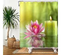 SDOTPMT 180x180cm Zen Spa Rideau de Douche Rose Lotus Fleur Aromatique Bougies Vert Bain Eau Thérapie Méditation Floral pour Salle de Bains Polyester avec Crochets