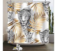 SDOTPMT 180x198cm Afrique Safari léopard Rideau Douche Fierce Wildlife Blanc Rideau de Douche Wildlife thème Feuille d'or imprimé Rideau de Douche garçon Salle de Bain Décoration avec Crochet