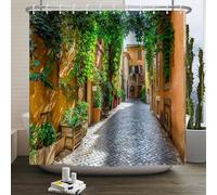 SDOTPMT 180x213cm Rideau de Douche de Feuilles Vertes de Maison de Mur de Pierre de Paysage Naturel Italien Méditerranée Street Femmes Salle de Bains Rideau de Douche Crochet décoration