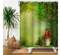 SDOTPMT 180x243cm Magie Forêt Rideau de Douche Conte de fée Champignon Jungle Arbre Rideau de Bain Vert Plante Herbage Feuilles Rideau de Baignoire pour Salle Bains Polyester avec Crochets