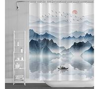 SDOTPMT 180x243cm Montagne Paysage Rideau de Douche Lac en Bois Bateau Soleil Rouge Sauvage Oie Nature Paysage Brumeux Peinture à l'huile Rideau de Bain pour la décoration Salle Bain avec Crochets