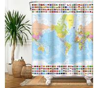 SDOTPMT 180x243cm Rideau de Douche Carte du Monde Pays Capitales Continents Tourisme Géographie Rideau de Baignoire pour Tissu imperméable Salle de Bain Décoration intérieure avec Crochets
