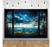 SDOTPMT 2.2x1.5m Fenêtre Fantastique de la Nuit étoilée Fond pour thème d’Halloween Vue de fenêtre en Arc Gothique Lune Étoiles Nuages Nuages Montagne Forêt Cabane Rêveur Bleu Fond Photographique