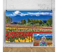SDOTPMT 2.2x1.5m Fond de lit de Fleurs de Printemps Tulipes colorées Bleu Ciel Blanc Nuages Montagnes Arbres Fond Photographique Baby Shower Girl Princesse Anniversaire Cérémonie de Mariage Décor