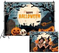 SDOTPMT 2.2x1.5m Happy Halloween Background Full Moon Jack - o '- lanternes Sorcière Chapeau Balais Crâne Tombstone Porte du cimetière Cobwebs Bats Photographie Fond pour célébrer le décor du festival