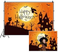 SDOTPMT 2.2x1.5m Happy Halloween Background Full Moon Sorcière sur balais Silhouettes de Maison effrayante de Chat Tombstones Zombie Mains Photographie Fond pour Vibrant Celebrating Festival Decor
