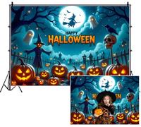 SDOTPMT 2.2x1.5m Happy Halloween Background Full Moon Witch Flying on Broomstick Ghosts Scarecrow Jack - o'- lanternes Fond de Photographie pour la célébration vibrante du décor du Festival
