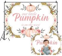 SDOTPMT 2.2x1.5m Notre Petite Citrouille est sur Le Chemin Contexte Doux bébé Roses Roses Feuilles Vertes Or Glitter Accents Photographie Contexte pour Le Premier Anniversaire Doux atmosphère Festive