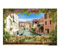 SDOTPMT 2,2x1,5m Venise Jardin Terrasse Scénario Toile de Fond Grand Canal Maison en Bois Marron Bâtiments Anciens Arrière-Plan pour Décorations de Fête Italienne Props Bannières