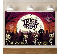 SDOTPMT 2.5x1.8m Trick Or Treat Halloween Background. Cartoon Dancing Skeleton Jack-o-Lantern Pumpkin Ghost Bat Full Moon Cemetery Background for Kids Halloween Party Photo Booth Wall Decor Banner