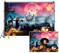 SDOTPMT 2.7x1.8m Joyeux Fond d'halloween Full Pink Moon Jack - o'- lanternes Tombstones Mystérieux Brouillard Fer clôture Chauves-Souris Fond de Photographie pour célébrer Le décor du Festival