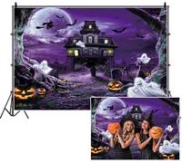 SDOTPMT 3x2.2m Esprit Halloween Fond Mansion hanté Pleine Lune Chauves-Souris fantômes Jack - o '- lanternes Brouillard Arbres Anciens Violet Fond de Photographie pour célébrer Le décor de Vacances