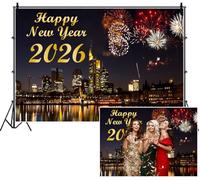 SDOTPMT 3x2m Fond de célébration de Bonne Nouvelle année Golden 2026 coloré Feux d'artifice Ville Skyline rivière Photographie Fond Propriété de Photo de célébration de Vacances