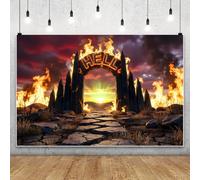 SDOTPMT 3x2m Halloween Hell’s Gate Arrière-Plan Arche enflammée Enfer Enflammée Lettre Sentier de Pierre Photographie de Fond pour la décoration de la fête d’Halloween des Enfants