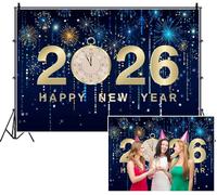 SDOTPMT 3x2m Nouvel an célébration Fond 2026 scène Chiffres d'or Vintage Montre de Poche Bleu Feux d'artifice Photographie Fond célébration Vacances événement Portrait Photo Stand Prop