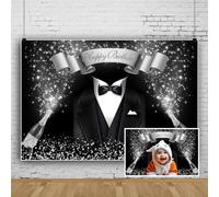 SDOTPMT 3x2m Toile de Fond Joyeux Anniversaire Fond Photographique Noir Blanc élégant Costume nœud Papillon Paillettes Bokeh étoiles Champagne pour Les décorations de fêtes d'anniversaire