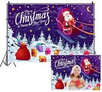 SDOTPMT 4.5x3m Noël Magique Nuit de Fond Joyeux Nouvel an Dessin dessiné Père Noël sur Le traîneau Cadeaux Arbres enneigés Étoiles Lune Photographie Fond pour Enfants Décor de fête de Vacances
